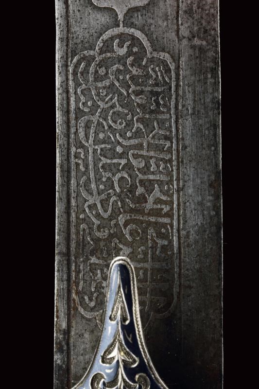 Sciabola persiana, lama in damasco e fornimenti in argento, Daghestan, 1875