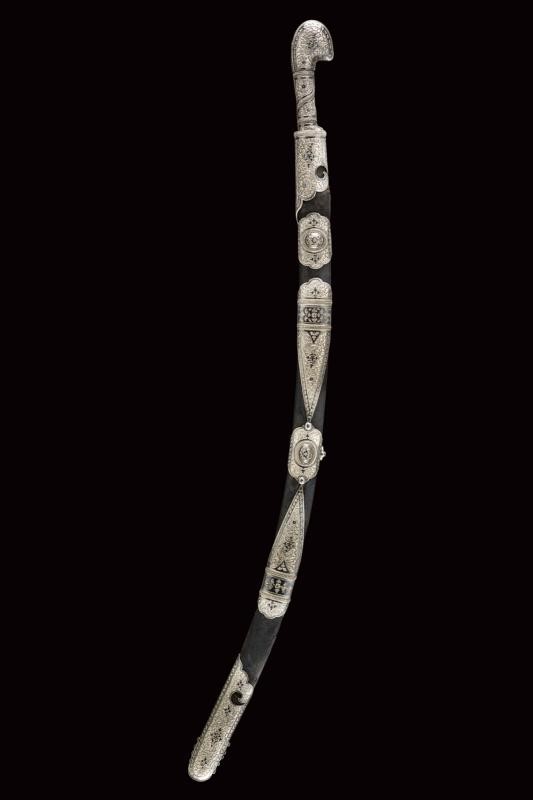 Shasqua, lama curva in damasco con montatura in argento, 1875