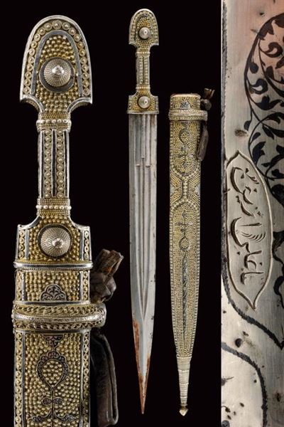 Bel kindjal, lama dritta a due fili con fornimenti in argento, Caucaso, circa 1900