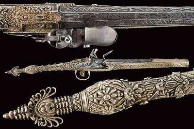 Pistola a pietra focaia in stile Roka, argento, Grecia, fine XVIII secolo