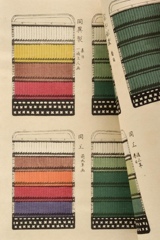 Giappone, Due libri con esempi di colori e fantasie per allacciature di Yoroi, ristampa 1901