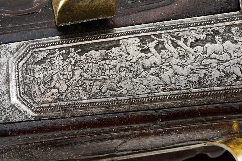 Johann Caspar Rudolph, Fucile a ruota in legno con inciso motivo di caccia