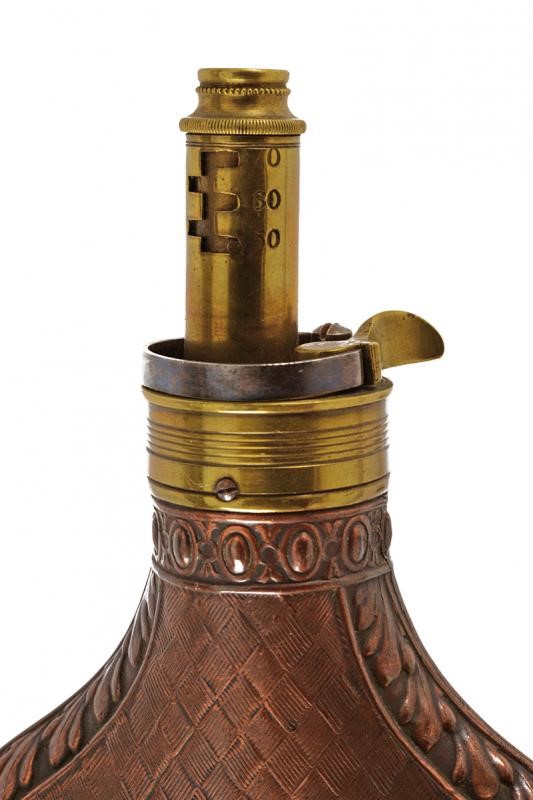Lotto di quattro fiasche decorative in rame e ottone, Francia XIX Secolo