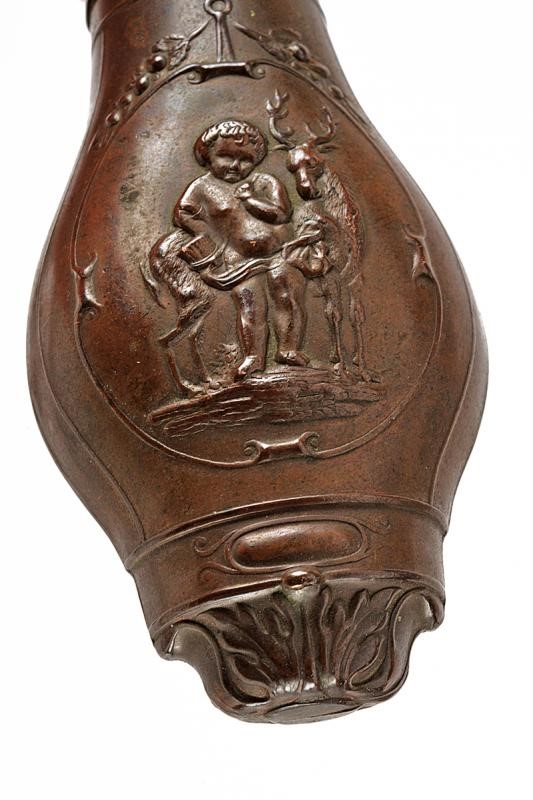 Lotto di quattro fiasche decorative in rame e ottone, Francia XIX Secolo