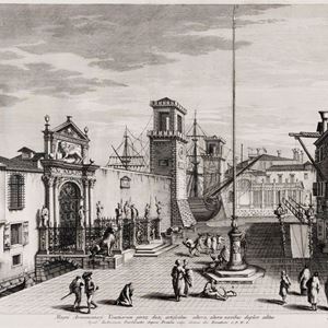 Incisione - Venezia - Giovan Battista Brustolon - Magni Armamentarij Venetiarum portae, duce, artificibus altera, altera navibus duplex aditus