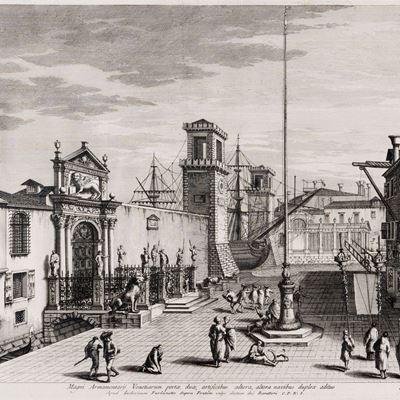 Magni Armamentarij Venetiarum portae, duce, artificibus altera, altera navibus duplex aditus, acq...