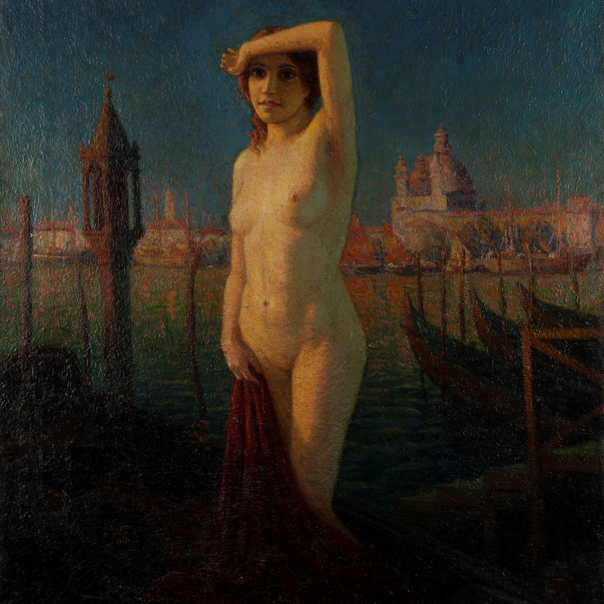 Artista Italiano, Inizi Novecento - Veduta di Venezia con Nudo di Donna