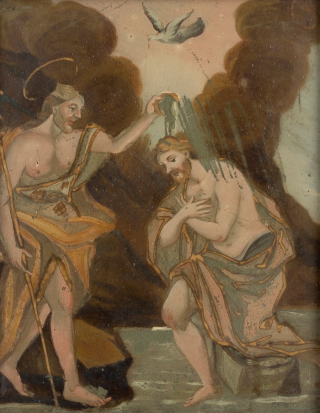 Scuola Napoletana, Secolo XVIII - Dipinto Sottovetro Raffigurante Battesimo di Cristo