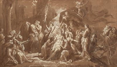 Scena mitologica - china, inchiostro acquarellato e biacca su cartoncino