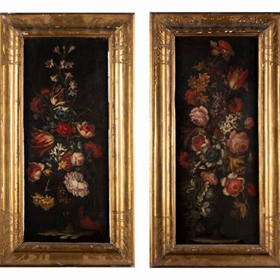 Coppia di Dipinti Raffiguranti Vasi con Fiori