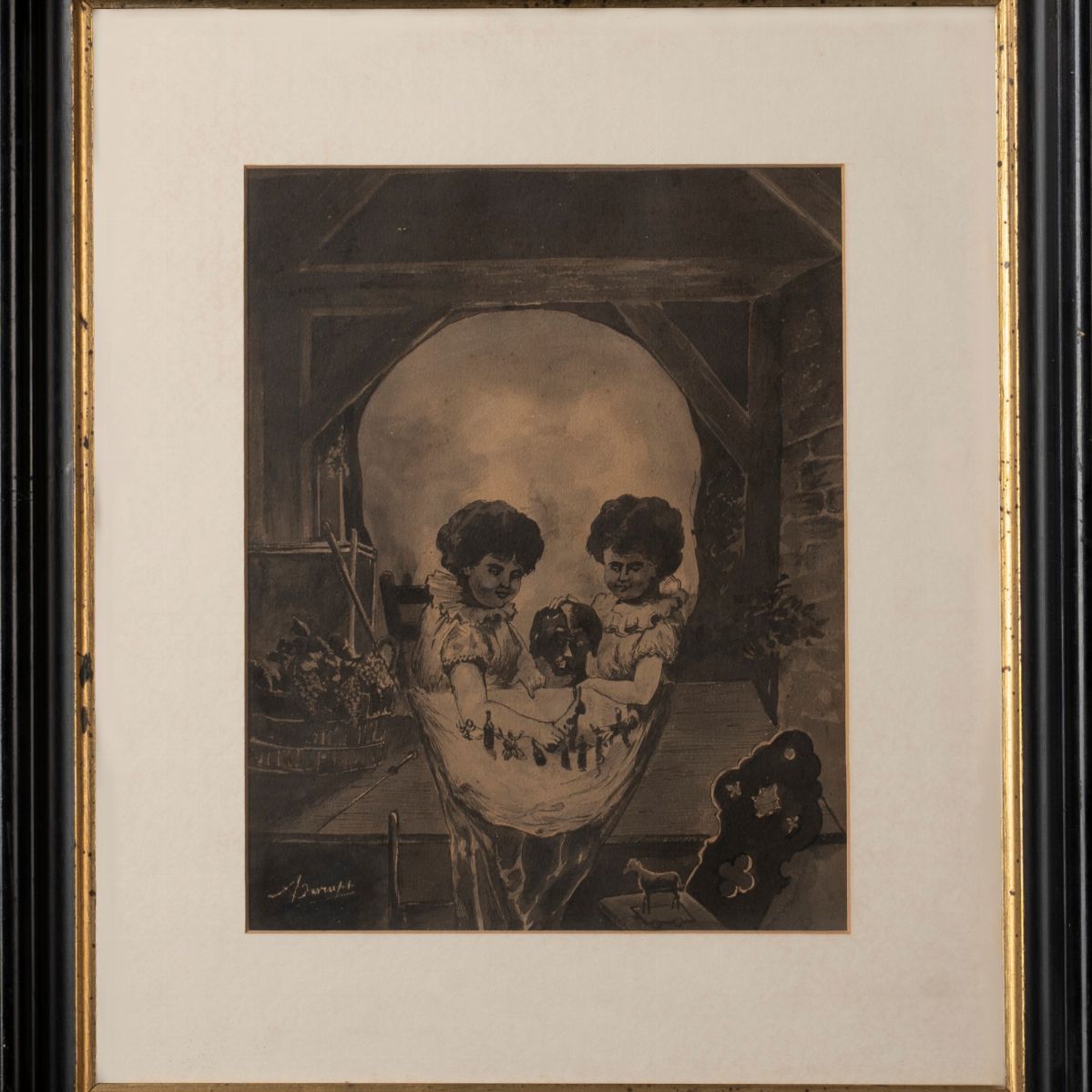 Scuola Europea, Inizi del XX Secolo - Bimbe con Cagnolino e Giocattoli (memento Mori)