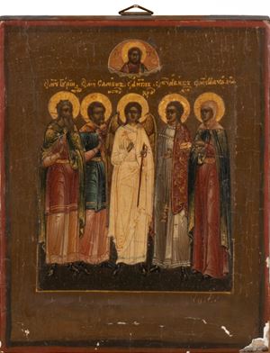 Icona raffigurante angelo, quattro santi e Cristo in alto, secolo XIX