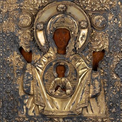 Icona con Riza in Argento Dorato Raffigurante la Vergine del Segno, Secolo XVIII