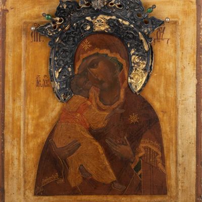 Icona Raffigurante Vergine di Vladimir con Corona in Argento, Secolo XVIII