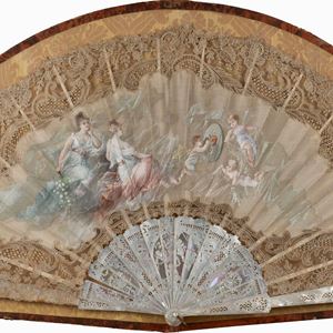 Ventaglio con merletto raffigurante scena romantica, secolo XIX