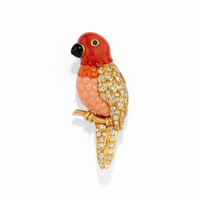 Spilla pappagallo, oro giallo 18k con diamanti e pietre varie