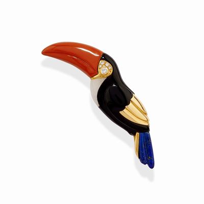 Spilla Tucano in oro giallo 18k con inserti in pietre dure e diamanti