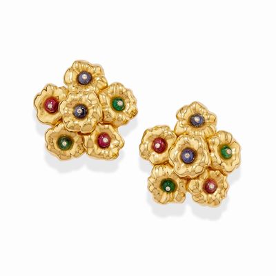 Orecchini a fiore in oro bicolore 18k con zaffiri, rubini e smeraldi
