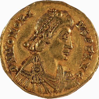 Impero Romano, Moneta con busto dell'Imperatore Onorio, Ravenna, 393-423 d.C.