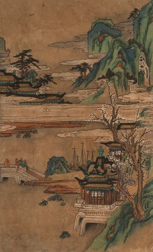 Two prints representing landscapes with castles, China 19th century