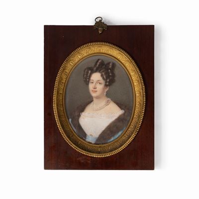 Miniatura Raffigurante Ritratto di Nobildonna con Collana di Perle e Stola di Pelliccia, Secolo X...