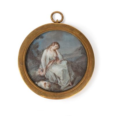 Miniatura Raffigurante Fanciulla con Cagnolino, Secolo XIX