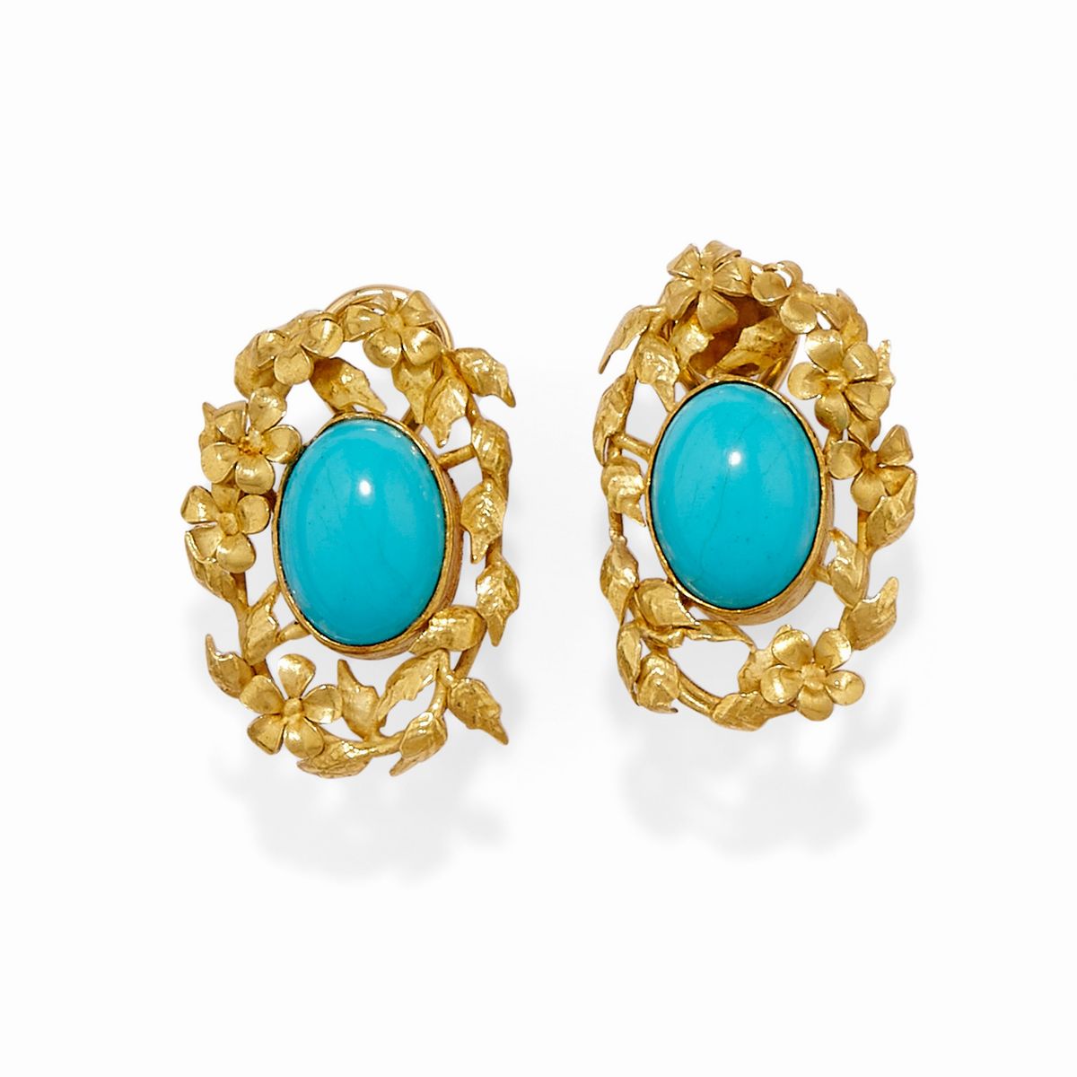 Anello e coppia di orecchini, oro giallo 18k con turchesi e pietra verde cabochon