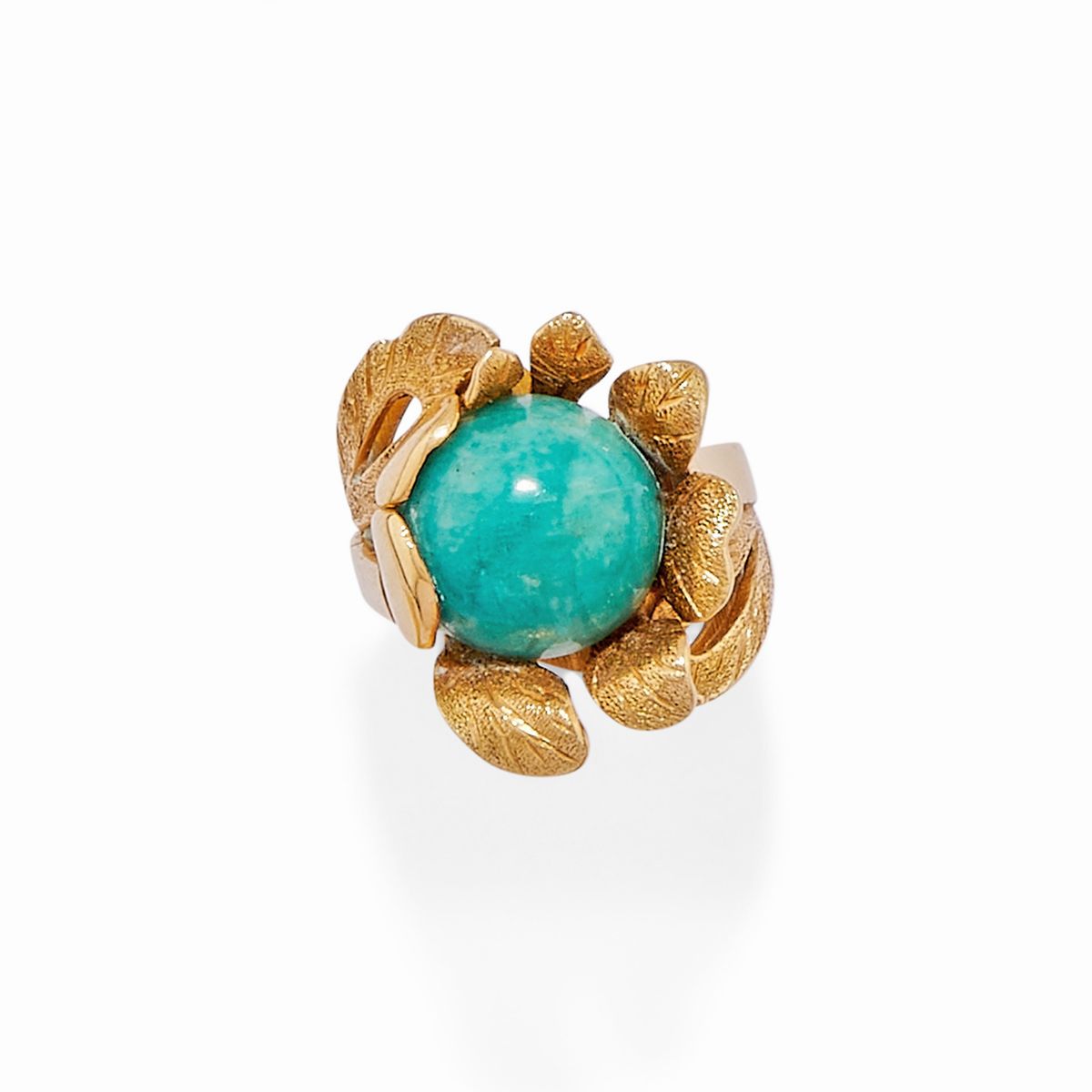 Anello e coppia di orecchini, oro giallo 18k con turchesi e pietra verde cabochon