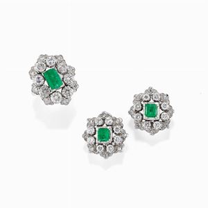 A lot of earring and ring in white gold 18K, emerald and diamond