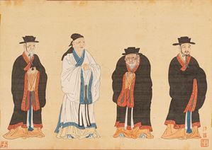 Four paintings on silk representing dignitaries, China 19th century