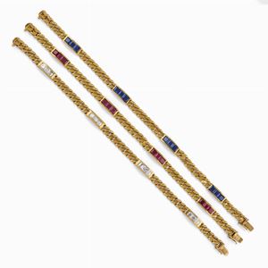 Three 18K gold, diamond and colored gemstones bracelets