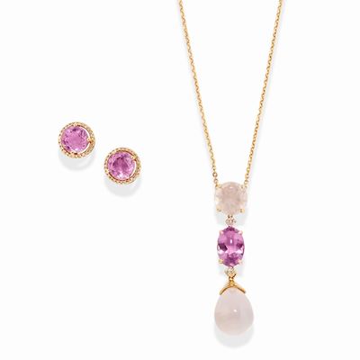 Collana in oro rosa 18k con pendente e orecchini, con pietre preziose