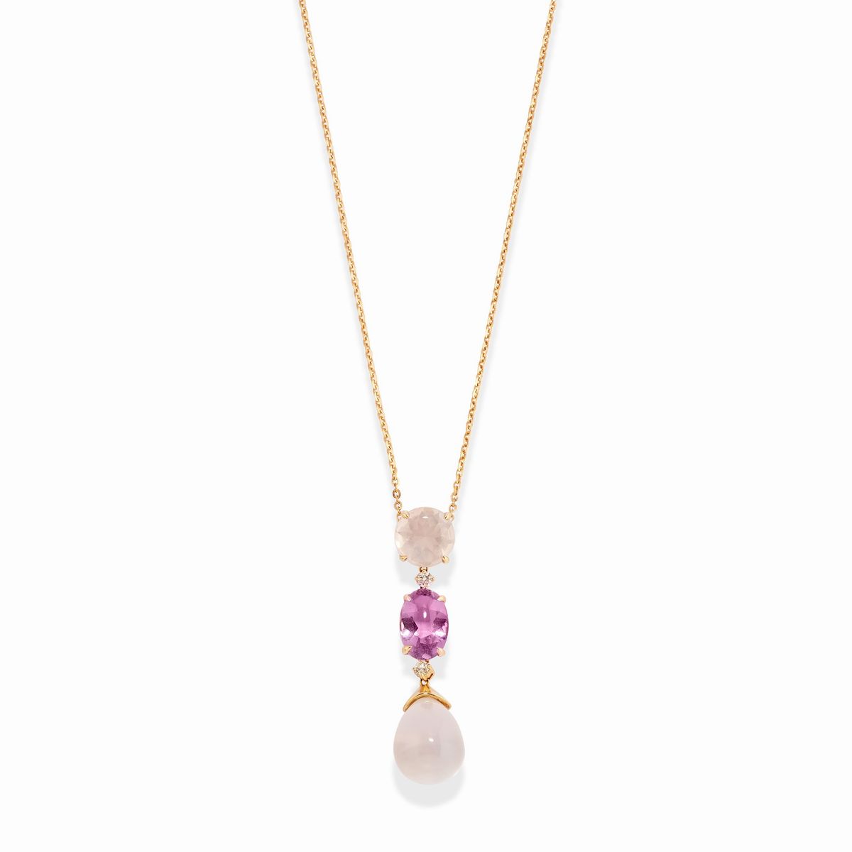 Collana in oro rosa 18k con pendente e orecchini, con pietre preziose