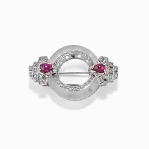 A 18K white gold,diamond, ruby and rock crystal brooch