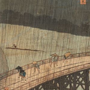 Woodcut representing a rainfall on the Shin-Ohashi Bridge