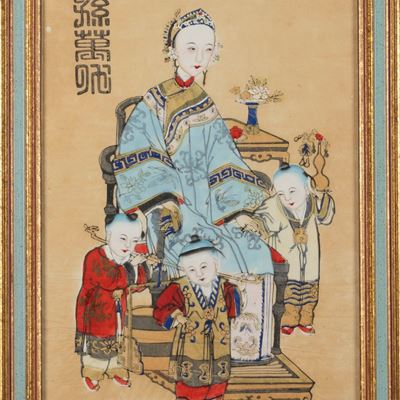 Stampa Raffigurante Donna con Bambini, Cina Secolo XIX