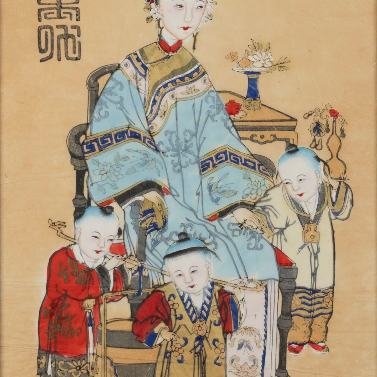 Stampa Raffigurante Donna con Bambini, Cina Secolo XIX
