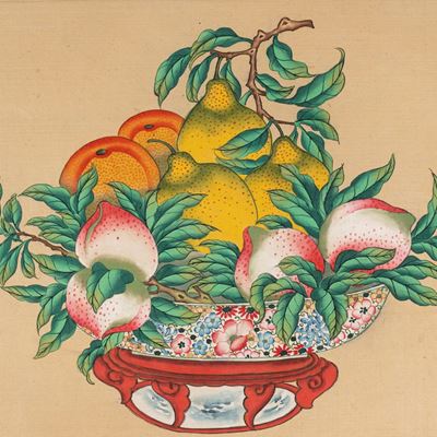 Quattro Dipinti su Seta Raffiguranti Nature Morte di Frutti, Cina, Periodo Repubblica