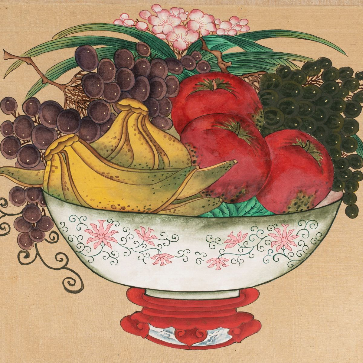 Quattro Dipinti su Seta Raffiguranti Nature Morte di Frutti, Cina, Periodo Repubblica