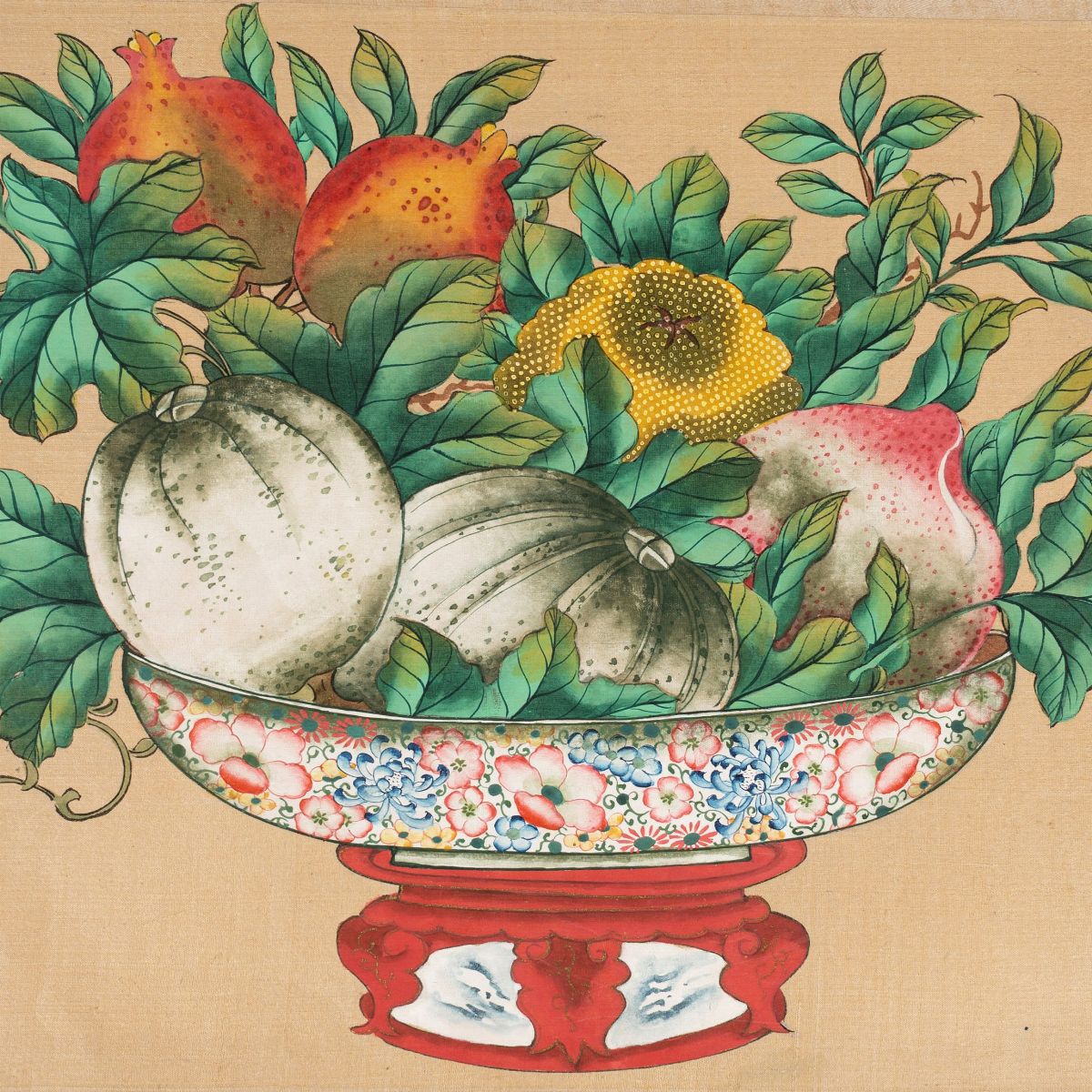 Quattro Dipinti su Seta Raffiguranti Nature Morte di Frutti, Cina, Periodo Repubblica