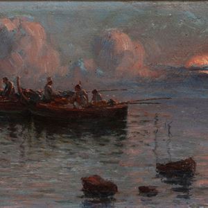 Scuola del secolo XIX - Boats at sunset