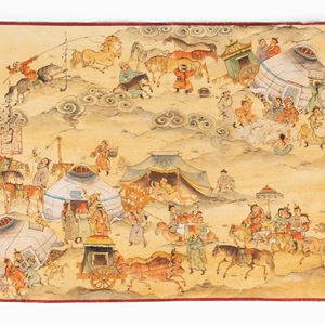 Dipinto raffigurante accampamento, Mongolia, inizi secolo XX
