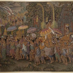 Grande dipinto raffigurante festa al tempio con corteo, Bali, anni 50 del Novecento