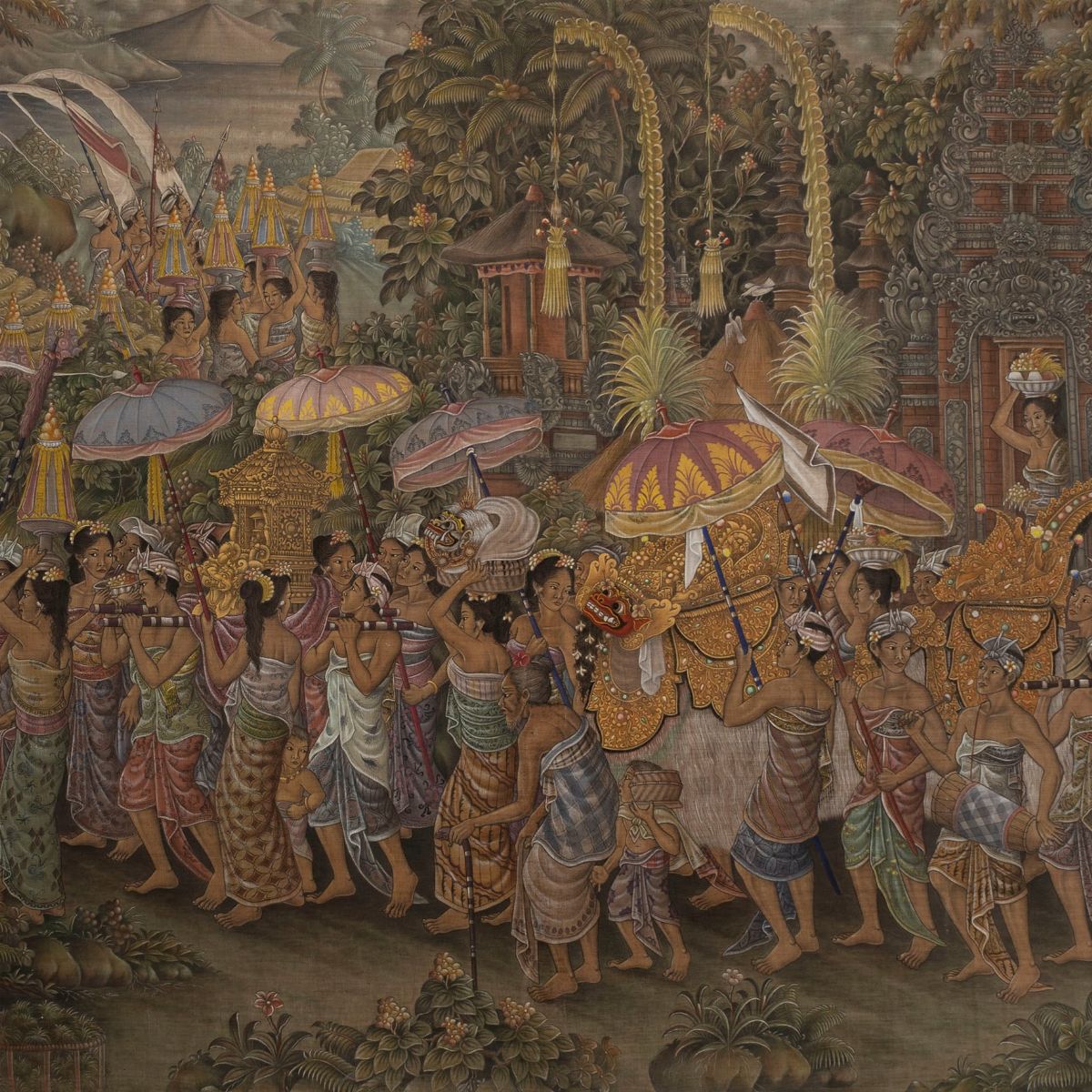 Grande Dipinto Raffigurante Festa al Tempio con Corteo, Bali, Anni 50 del Novecento