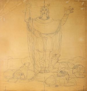 Cambellotti Duilio - Shepherd, definitive study for the graffiti panel of the portal of the Church of the Shepherds' Field of Beit-Sahur in Bethlehem, left door