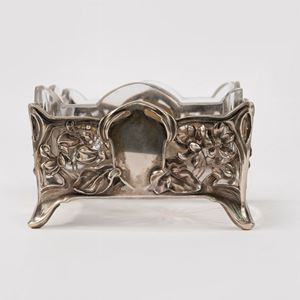 Porta bon bon in argento e vetro trasparente, Germania, inizi secolo XX