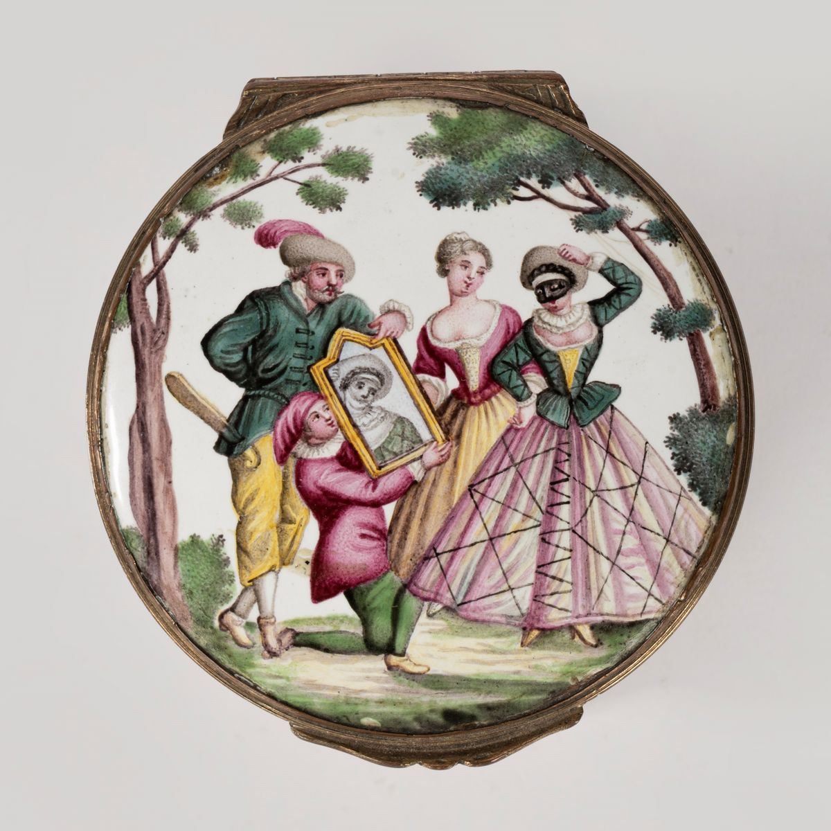 Tabacchiera in Smalto Policromo con Finiture in Metallo Dorato, Germania, Secolo XVIII