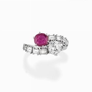 A 18K white gold, diamond and ruby ring