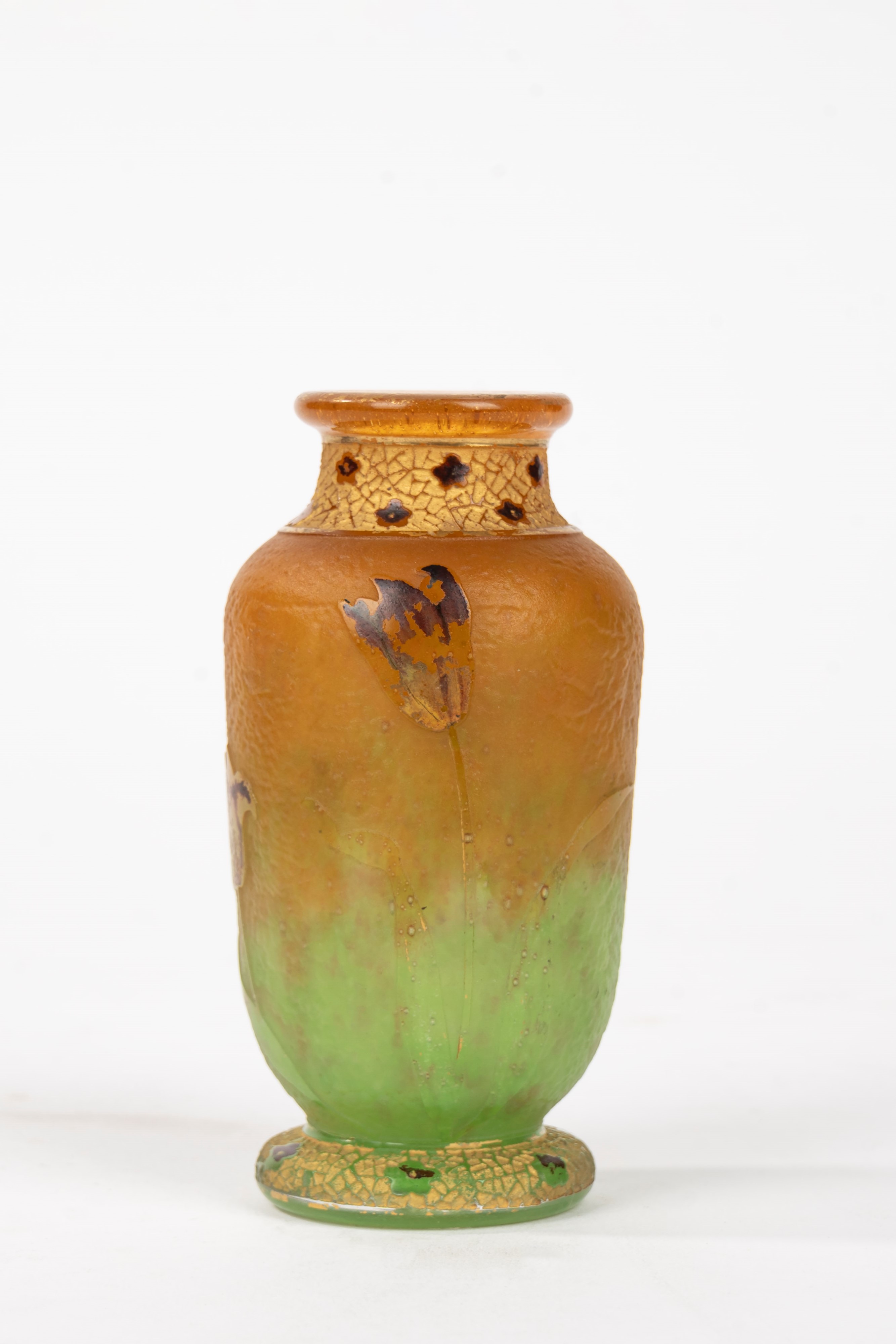 Daum - Piccolo Vaso in Vetro Arancio e Verde Inciso All’acido con Tulipani, Inizi Secolo XX