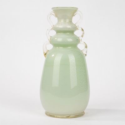 Vaso in Vetro di Murano Verde Spruzzato in Oro, Biansato, Secolo XX